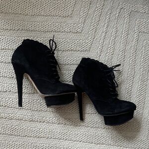 Topshop Black Lace-Up Platform Heeled Boots (Size 37)
